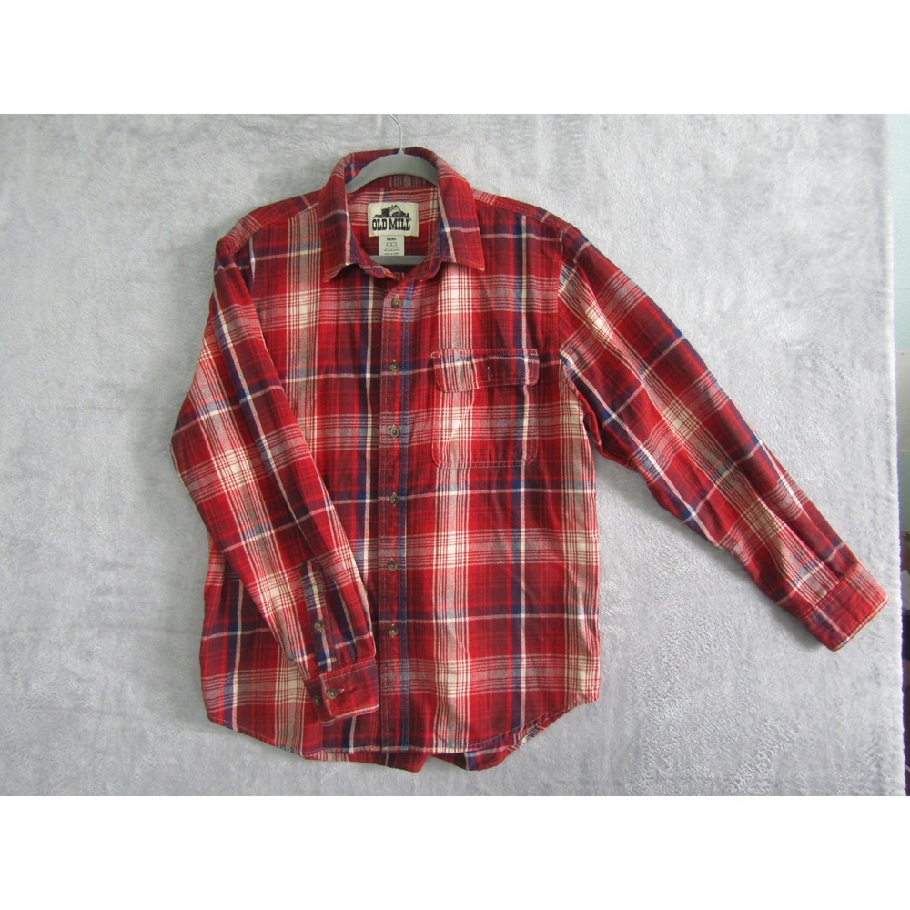 OLD MILL Mens Plaid Long Sleeve Button Up Shirt Red Blue Size L Cotton Blend